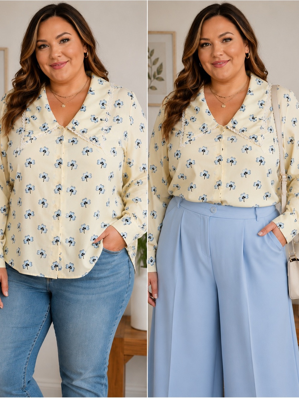 Simplee Apparel Ivory Blouse with Navy Floral Pattern